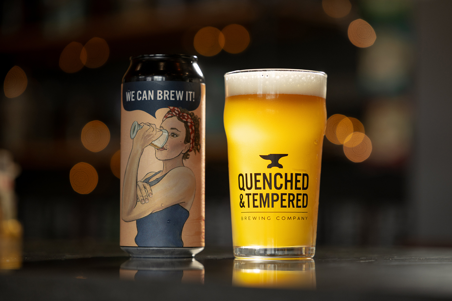 Beer can with strong woman
